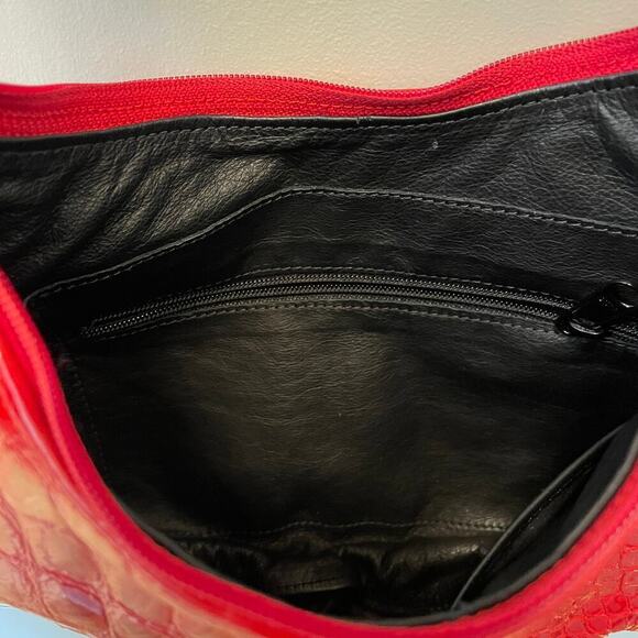 Red Genuine Leather Croc-Embossed Shoulder Bag | Silver Hardware, Hobo Style - Picture 4 of 7